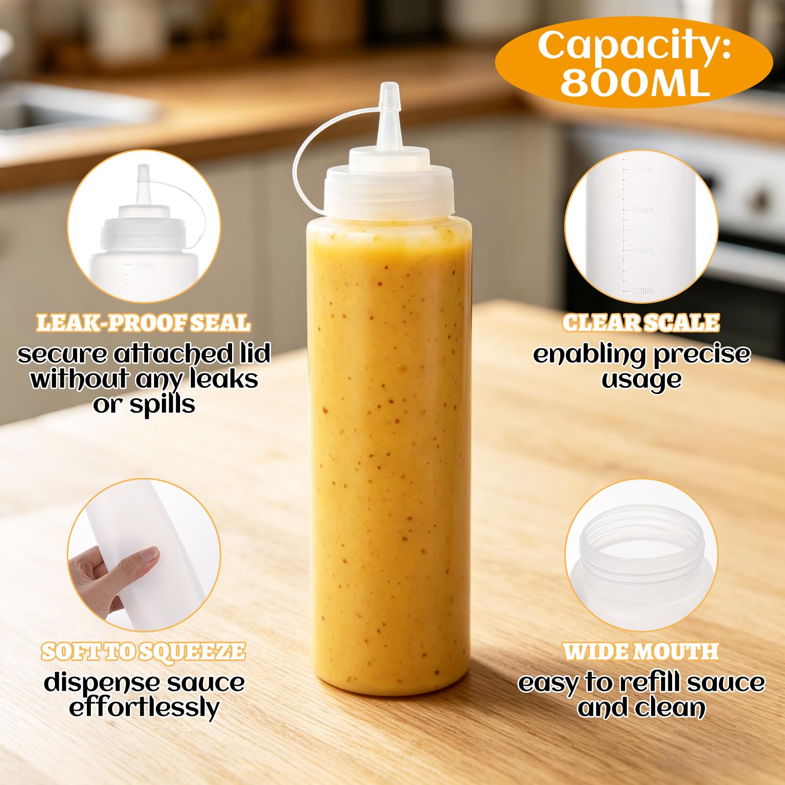 Confezione da 10 bottiglie da spremere da 800 ml | Bottiglie di plastica per condimenti con beccucci, imbuti e adesivi, per salsa di ketchup, insalata, barbecue, salsa
