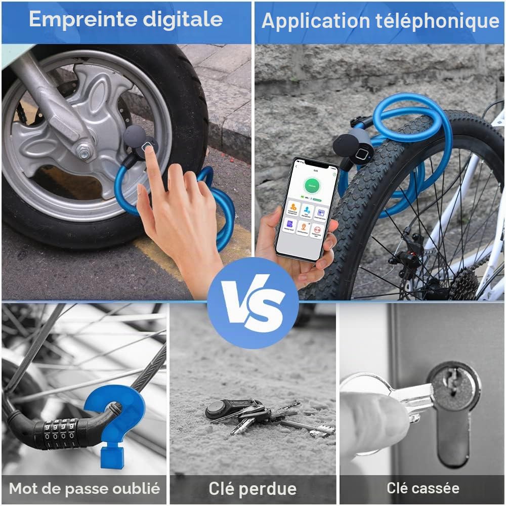 Câble antivol numérique eLinkSmart pour vélo, empreinte digitale, application téléphonique, 150 cm de long, sans clé, en acier, pour vélo, vélo, scooter, moto, porte, étanche, télécommande autorisée