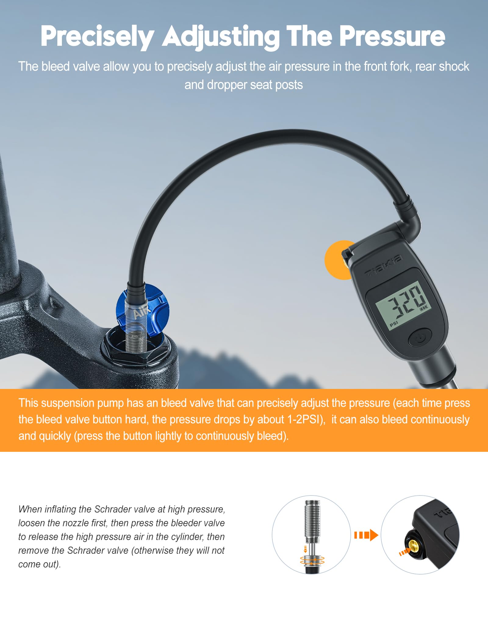 Tiakia Hochdruck Dämpferpumpe mit Digitaler Manometer 320PSI Für Luftdämpfer und federgabel,Tragbare fahrradpumpe Aluminium reifenpumpe Fahrrad Rahmenpumpen,Für Schrader/Presta、DH、MTB (Black)