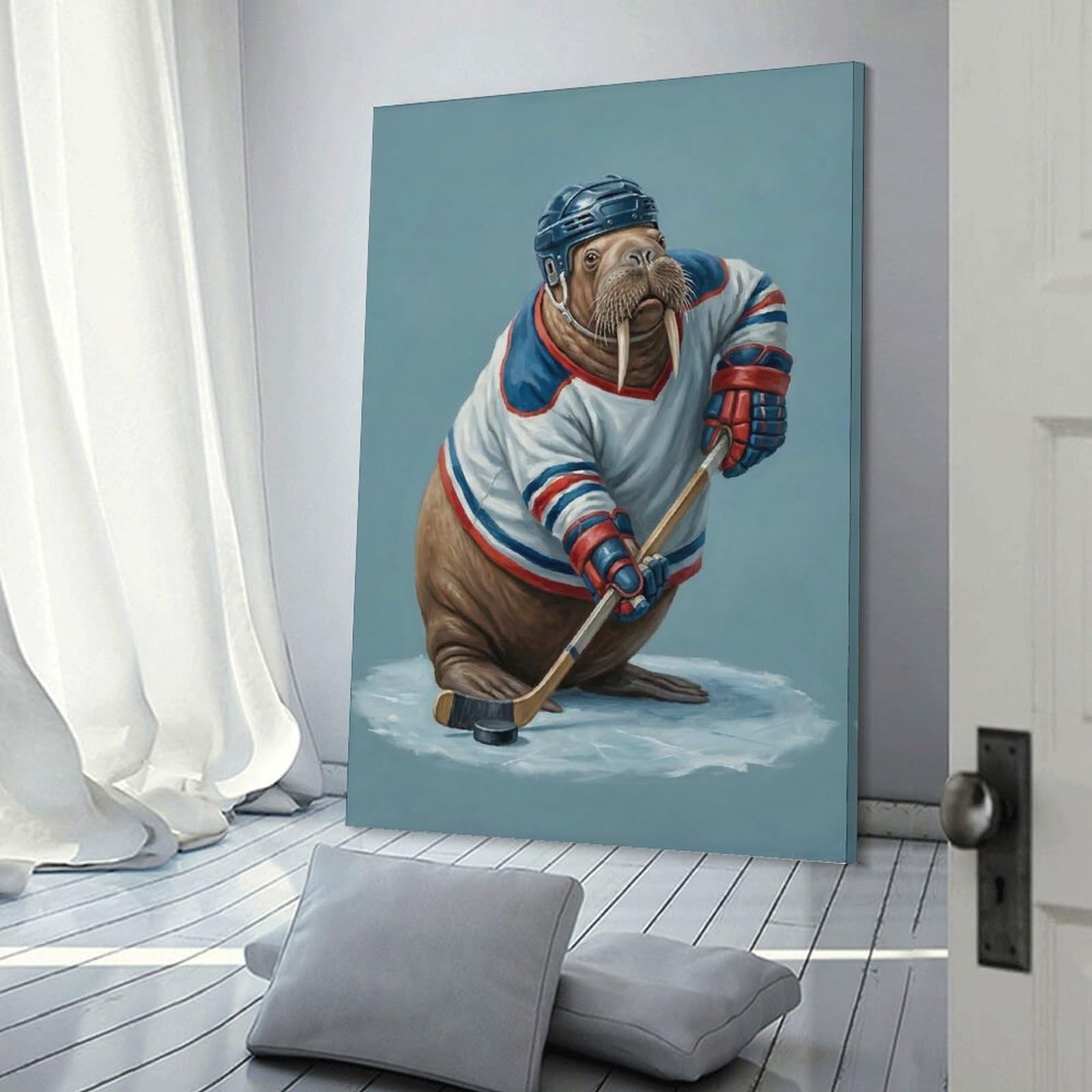Junmoney Walrus Hockey Player Decorative Wall Artwork, 12x18inch(30x45cm), for Home Lounge, Bedroom Or Reading Nook, Eye Catching Artwork for Blank Walls