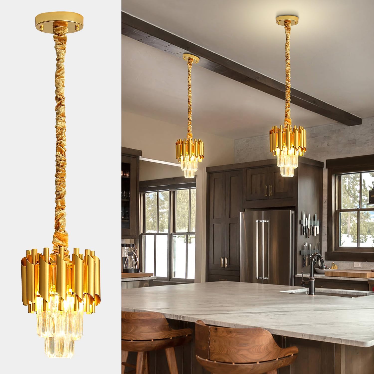 Modern Gold Crystal Chandelier 2-Tier Round Pendant Lighting Light Fixture Chandelier for Kitchen Island Entryway Bathroom BedHead Bedroom