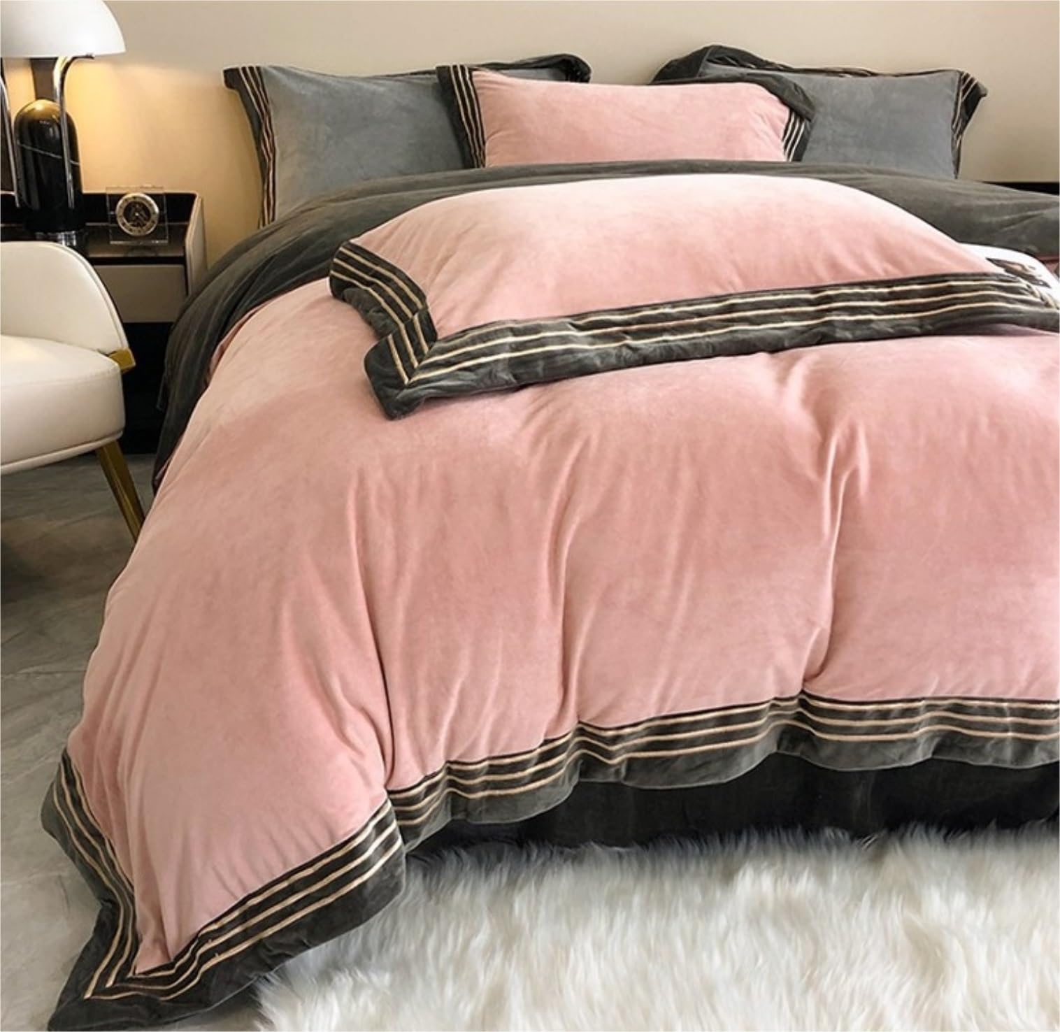 Sacco Copripiumino Set di Lenzuola Ispessite Double Face Set di Lenzuola in Flanella Set di Quattro Pezzi Set di Lenzuola Invernali Set Copripiumino Matrimoniale(Pink,1.8/2m Bed)