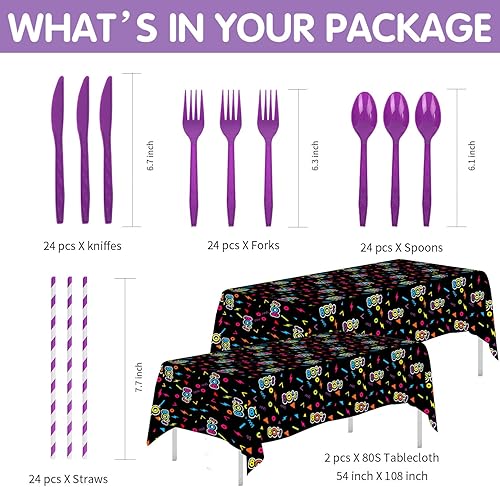 Miniatura 3 de Vajilla de decoración de fiesta de los años 80  Los suministros para fiestas temáticas de los 80 incluyen platos de papel, vasos, servilletas,