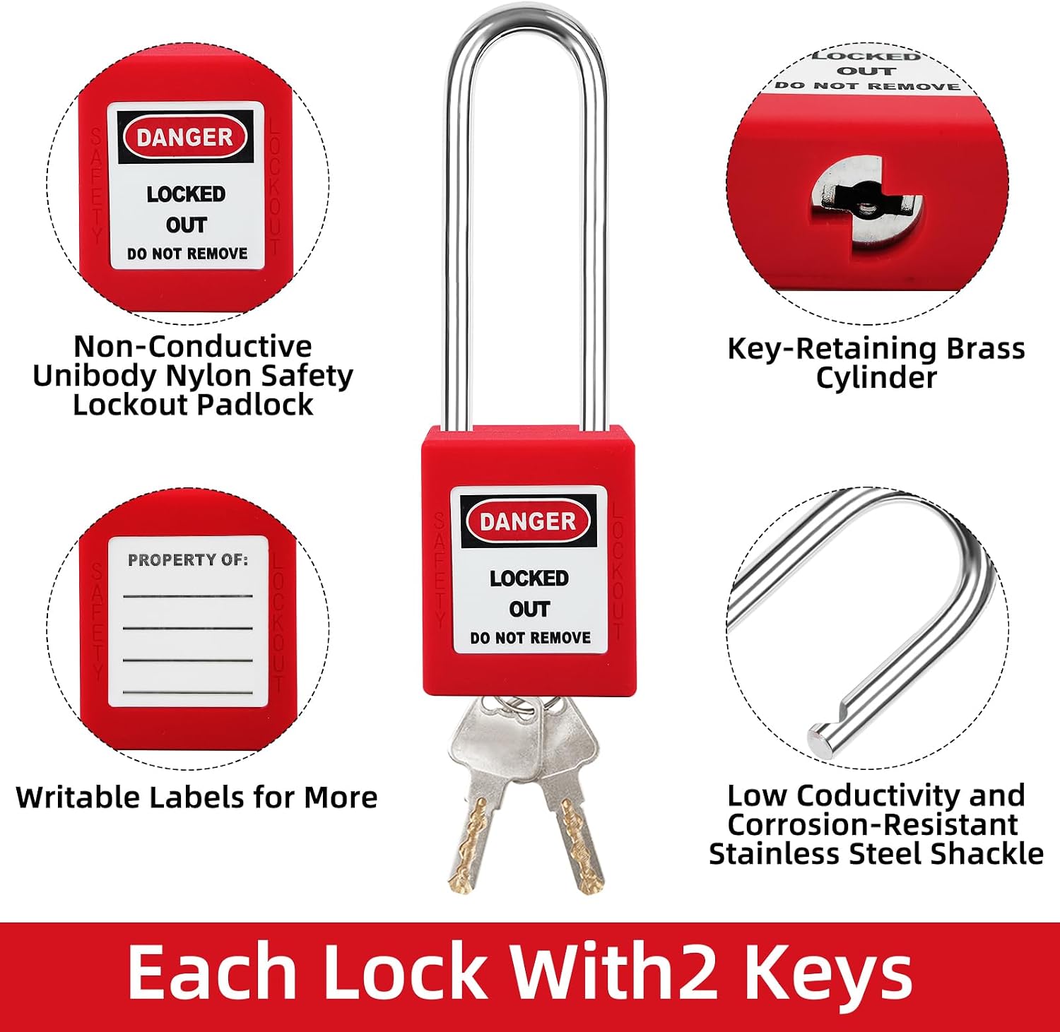 Lockout Tagout Locks Set 5pcs Loto Locks,Red Lockout Locks Keyed Different,Safety Padlocks for Electrical Lockout Tag Out Kit,2 Keys Per Lock, OSHA Compliant Lock Out