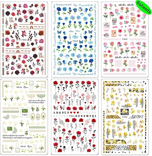 Miniatura 9 de Calcomanías de arte de uñas de mariposa, 6 hojas coloridas de mariposas 3D, flores, hojas, autoadhesivas, suministros de arte de uñas, calcomanías