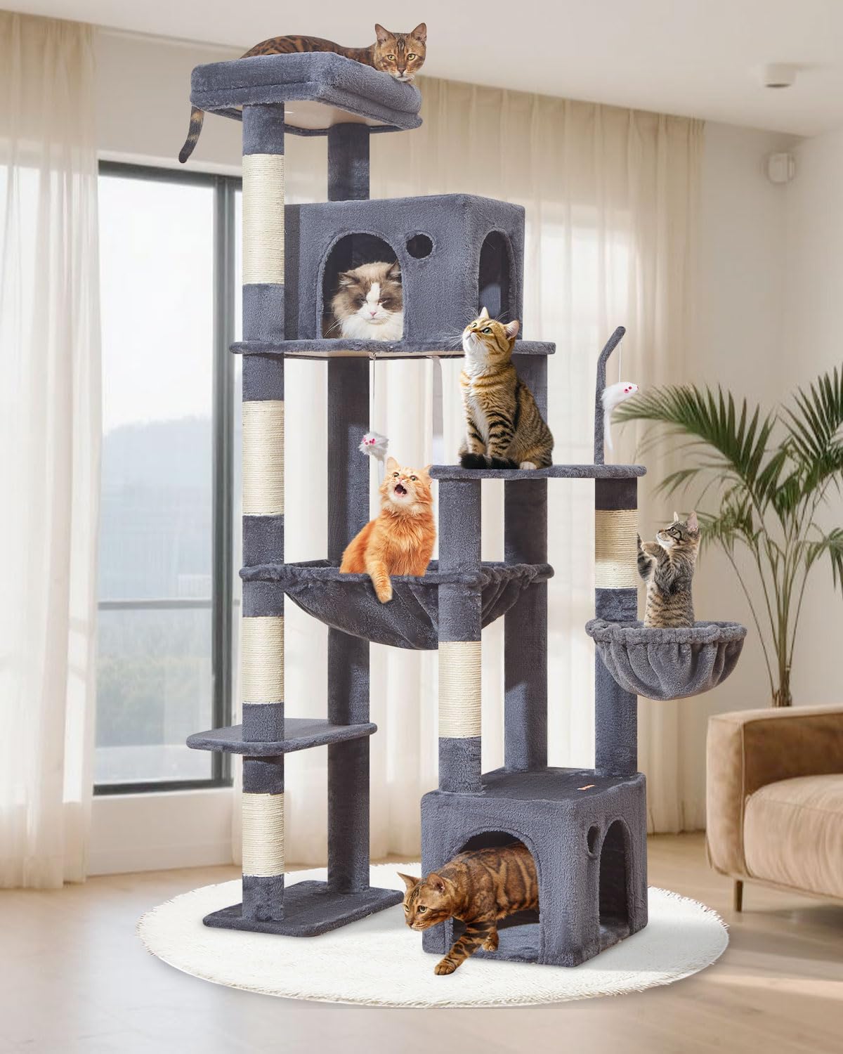 Taoqimiao Heavy Duty Cat Tree for Large Cats 20lbs+, 71 Inches Tall Cat Tower, 2 Cat Condo with 6 Scratching Posts, Super Large Hammcock, Cat Toys, Cozy Basket, Smoky Gray, MS037G