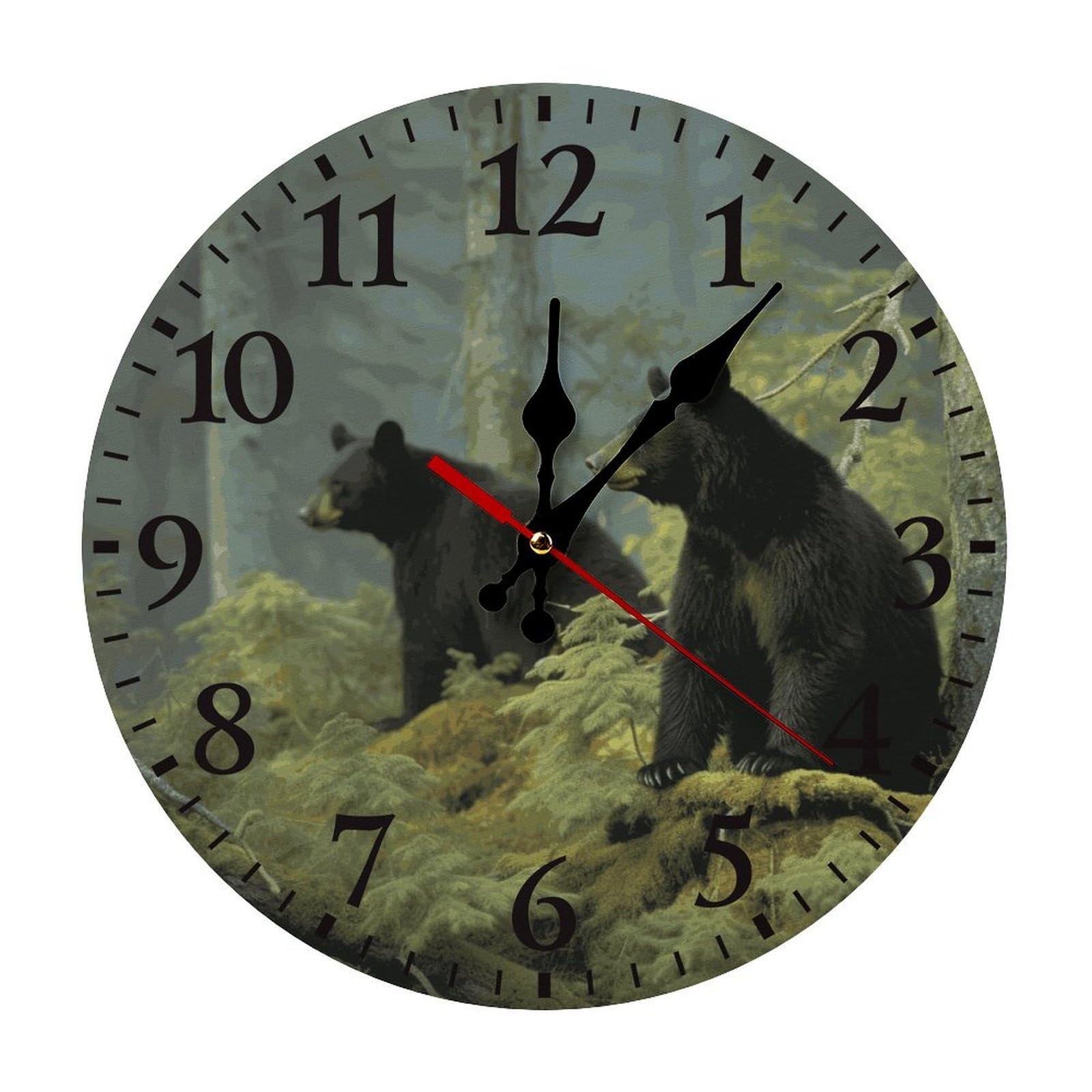 QMNLKH Black Bears Wall Clock for Home, Battery Operated Clock for Hotel, Round Wall Clock with Arabic Numerals Black, Easy to Read, Non-Ticking Clocks for Living Room 25 * 25cm