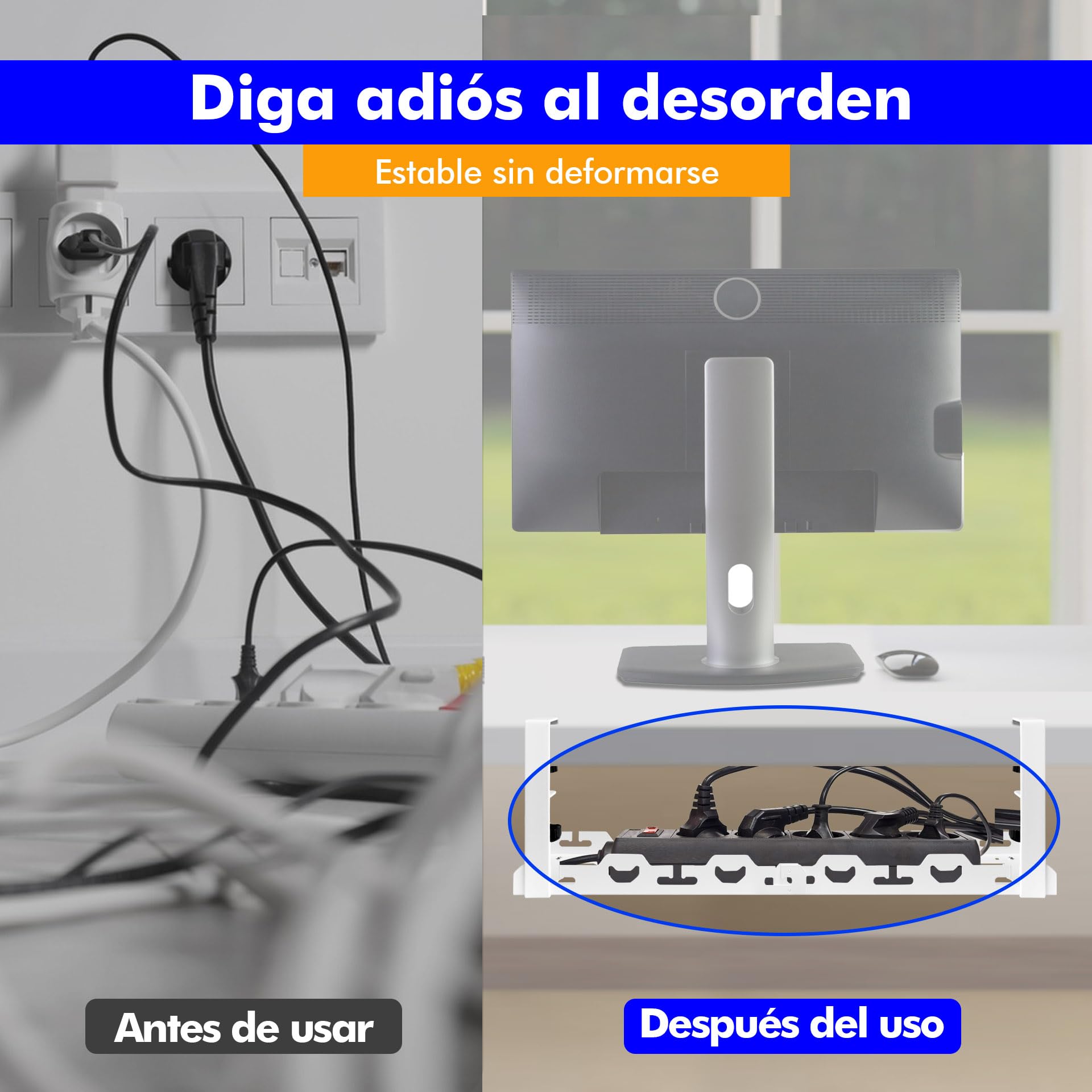 Mimoke Cesta de gestión de Cables Ajustable, sin perforación, Almacenamiento Pesado, Extensible de 40 a 74 cm, Capacidad hasta 15 kg, diseño ventilado, Adecuado para Oficina, Blanco