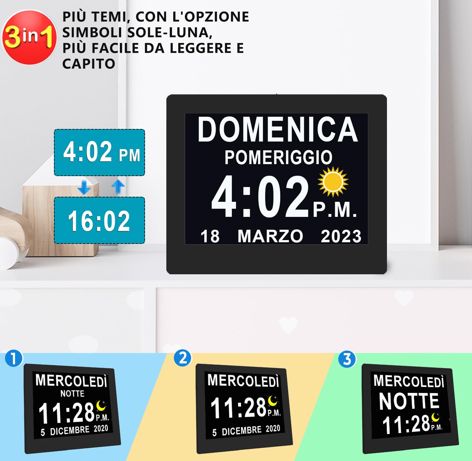 Véfaîî Sveglia Digitale Orologio Parete 2.0, 19 Allarmi & Promemoria Personalizzati, 10 Opzioni Oscuramento Automatico, Datario Non-Abbreviato per Anziani Ipovedenti Demenza, con Telecomando