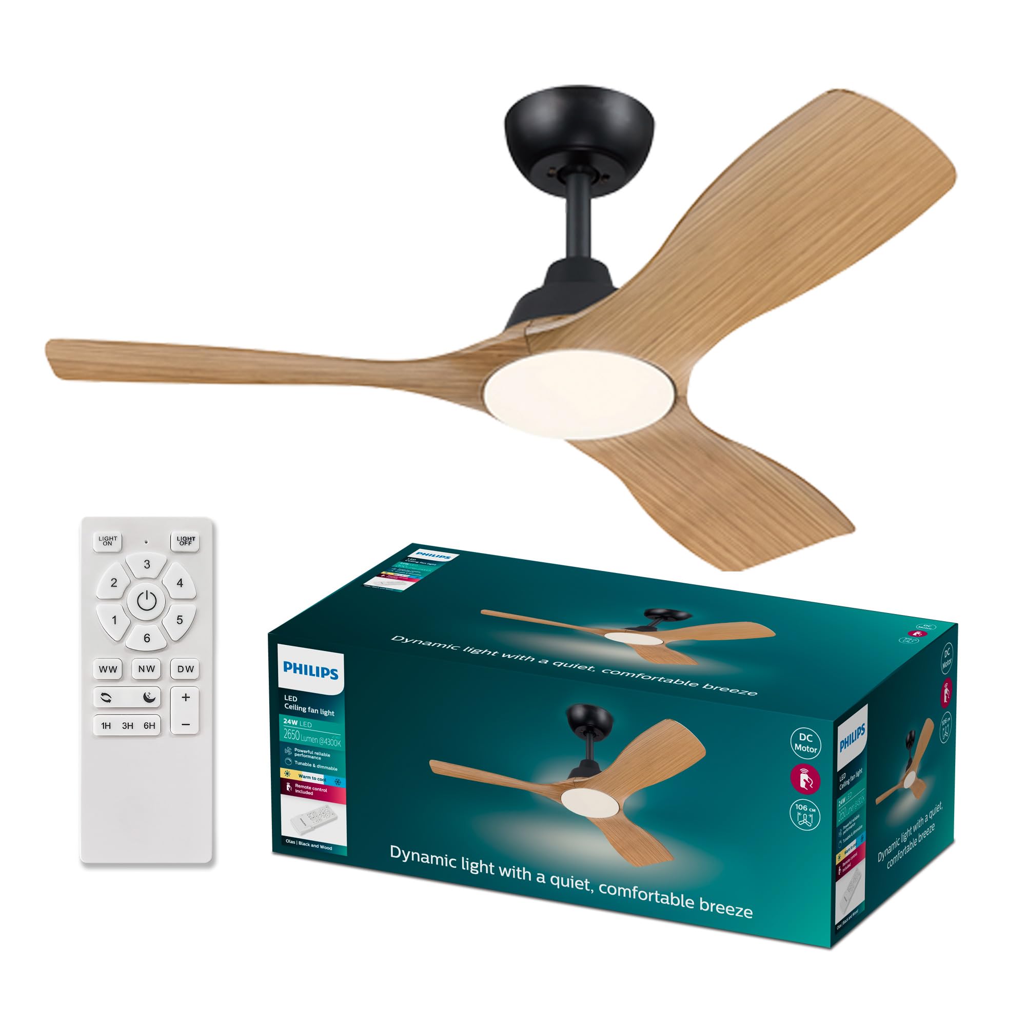 Philips Olas Deckenventilator mit LED-Licht, 3 Flügel, 107 cm Ø, DC-Motor, dimmbar, Fernbedienung, schwarz-Holz