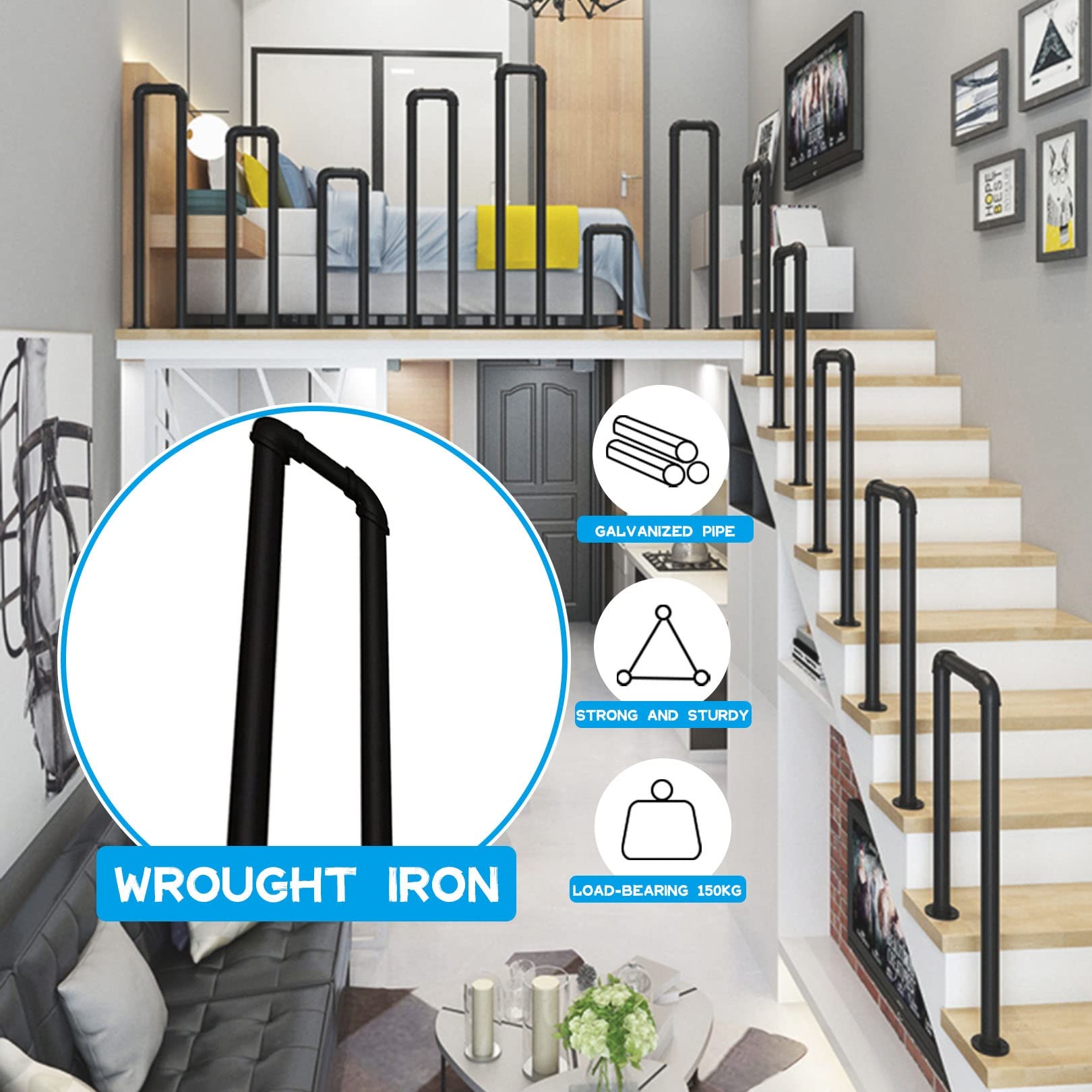 Leuning for trappen, trappen Reling Binnen Veiligheid Handleuning Steunbalkrails, metalen smeedijzeren leuningbeugelset, steunstang for loftgang (1ft-20ft) (Color : B, Size : 3ft/90cm