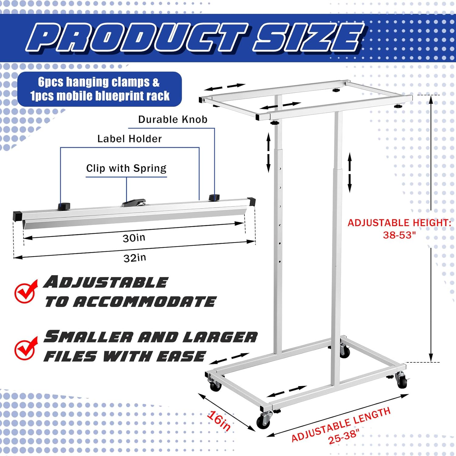 Mobile Blueprint Storage Rack Adjustable Holder with 6 Pcs Blueprint Clamps 4 Wheels Storage Organizer Stand for File Display Plan Office Home(30 Inch)