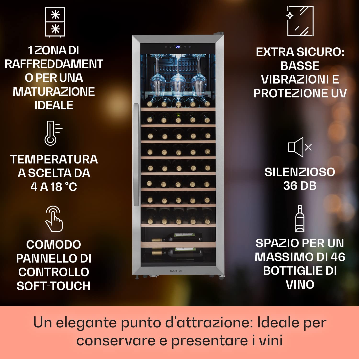 KLARSTEIN Cantinetta Vino, Cantinetta Vino Refrigerata a Zona Singola per Interno/Esterni, Frigo Bar, Cantina Vino con Vetrina, Mini Bar con Protezione UV, Frigo Vino Touch, 4-18°C, 46 Bottiglie