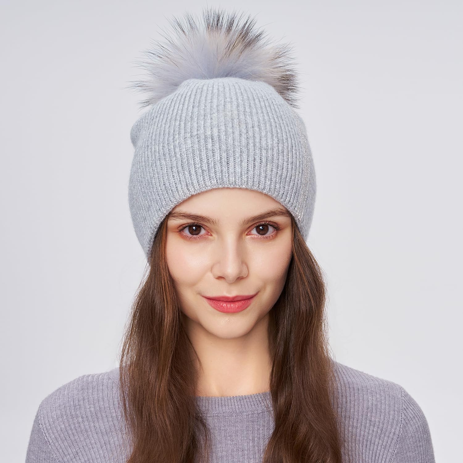 Women's Knitted Angora Wool Hat for Autumn and Winter Warm and Stylish with Rolled Brim and Slanted Rhinestones Cap