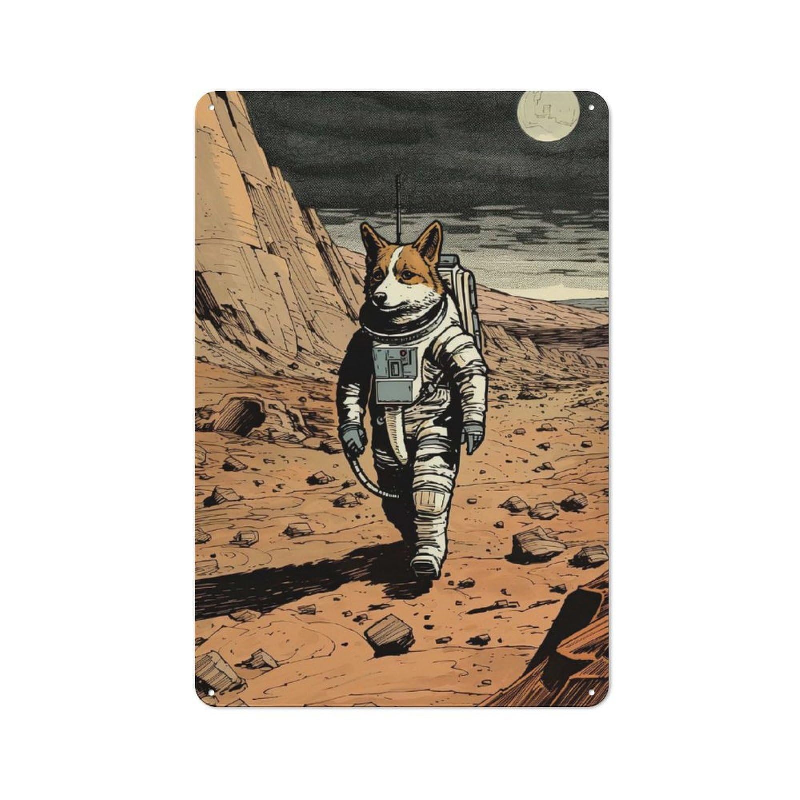 Shop Front Style Corgi Astronaut On Mars Decorative Metal Plaque 30x20cm, Shop Wall Decor for Cafe, Bistro, Bakery Or Restaurant