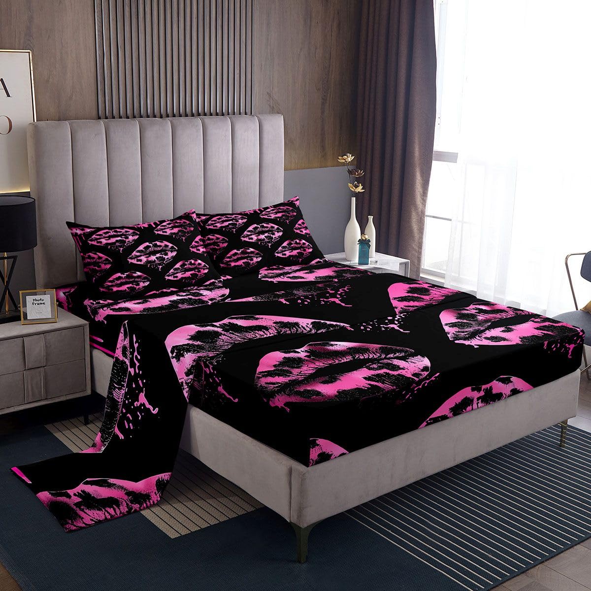 jejeloiu Leopard Lips Bed Sheets Set Twin Size Sexy Mouth Deep Pocket Fitted Sheet Love Kiss Bedding Sets Cheetah Print Soft Bed Set 3Pcs with 1 Pillow Cases Animal Skin