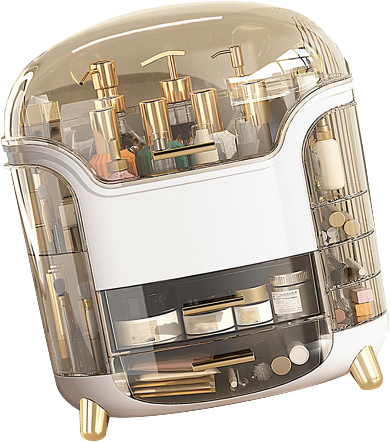 Oumefar Vertical Makeup Box Rotatable Cosmetic Organizer Large Capacity Transparent Storage with Compartment for Makeup Skincare Jewelry Lipstick ABS Material (Elegant White)