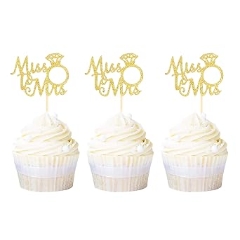 Ercadio 24 Pack Gold Miss to Mrs Cupcake Toppers Ring Cupcake Picks Decorations for Bridal Shower Wedding Engagement Anniversary Party