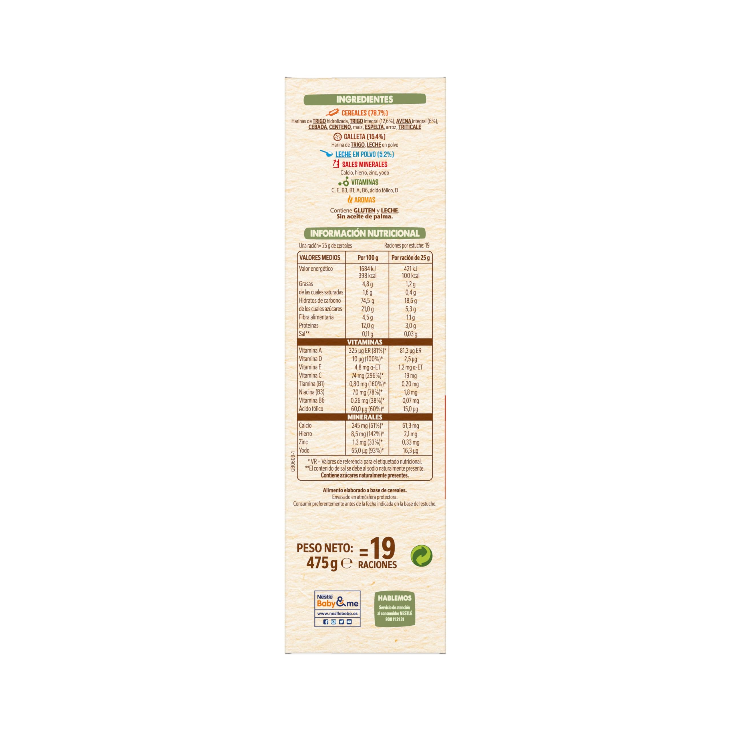 Nestlé Papilla 8 Cereales con Galleta 475 g sin azúcares añadidos a partir de 6 meses