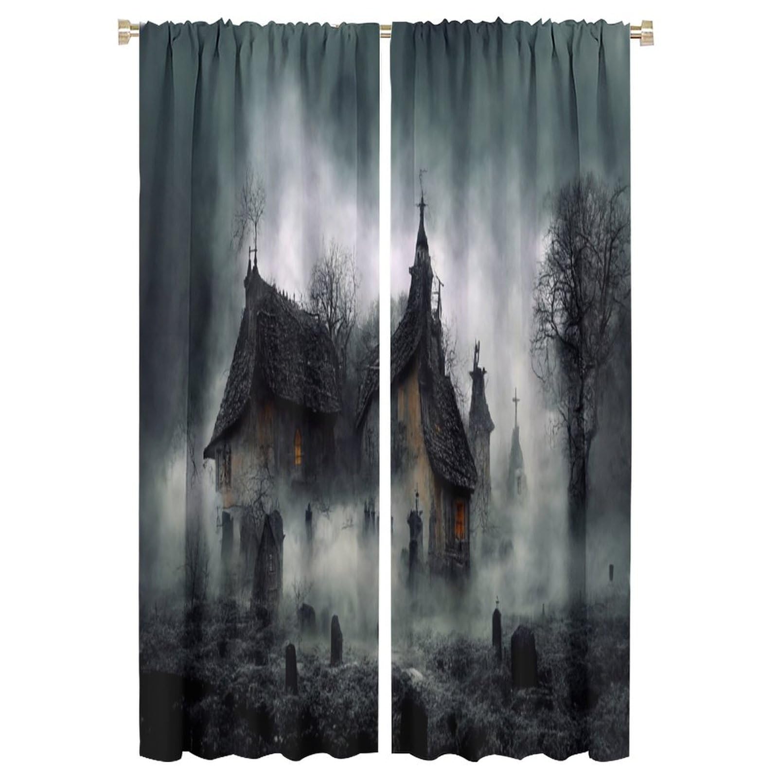BenYaSong Gothic Blackout Window Curtains, Haunted House with Fog on Night Painting for Bedroom Living Room Thermal Insulated Window Curtain Drapes 2