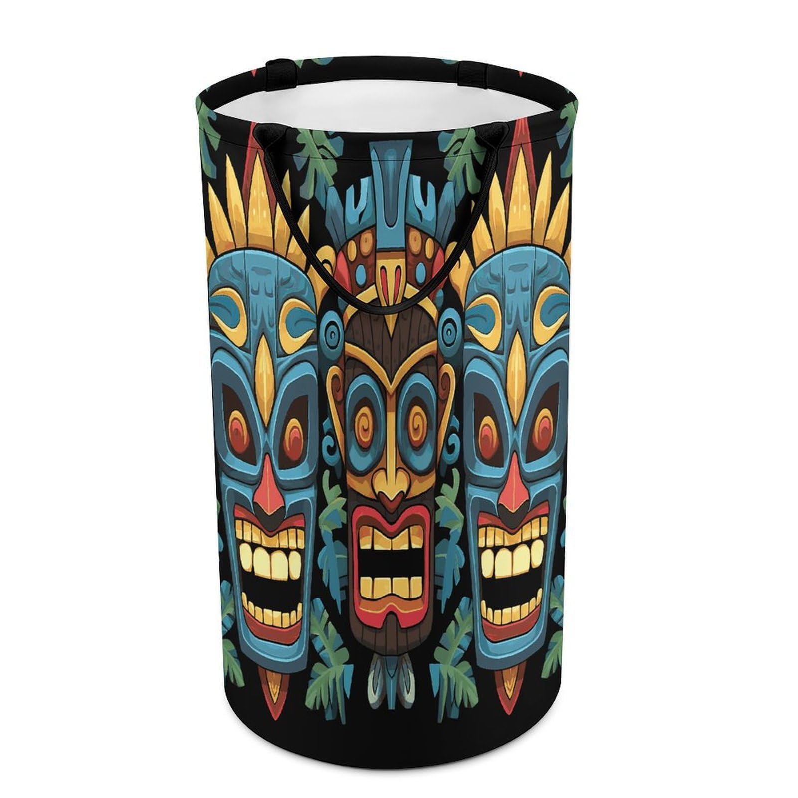 Colorful Tiki Mask Pattern Laundry Hamper Waterproof Polyester Laundry Baskets Collapsible Dirty Clothes Storage Basket Clothes Hampers with Sturdy Handles for Travel Bedroom