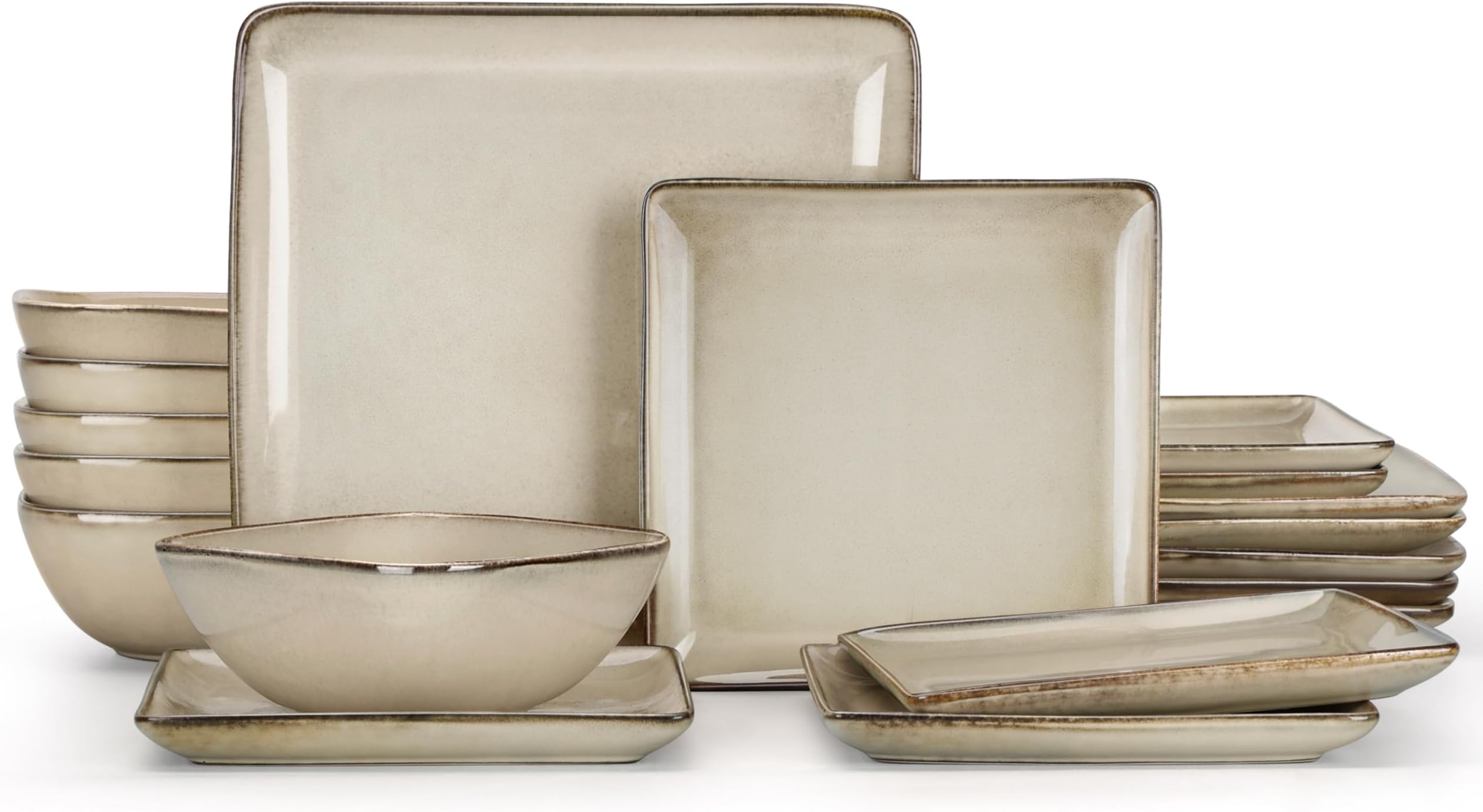 E-far Square plates and bowls Sets for 6, 18-Piece Reactive Glaze Stoneware Dinnerware Sets, Porcelain Dishware Sets for Kitchen Home, Microwave & Dishwasher Safe, Sandy Beige