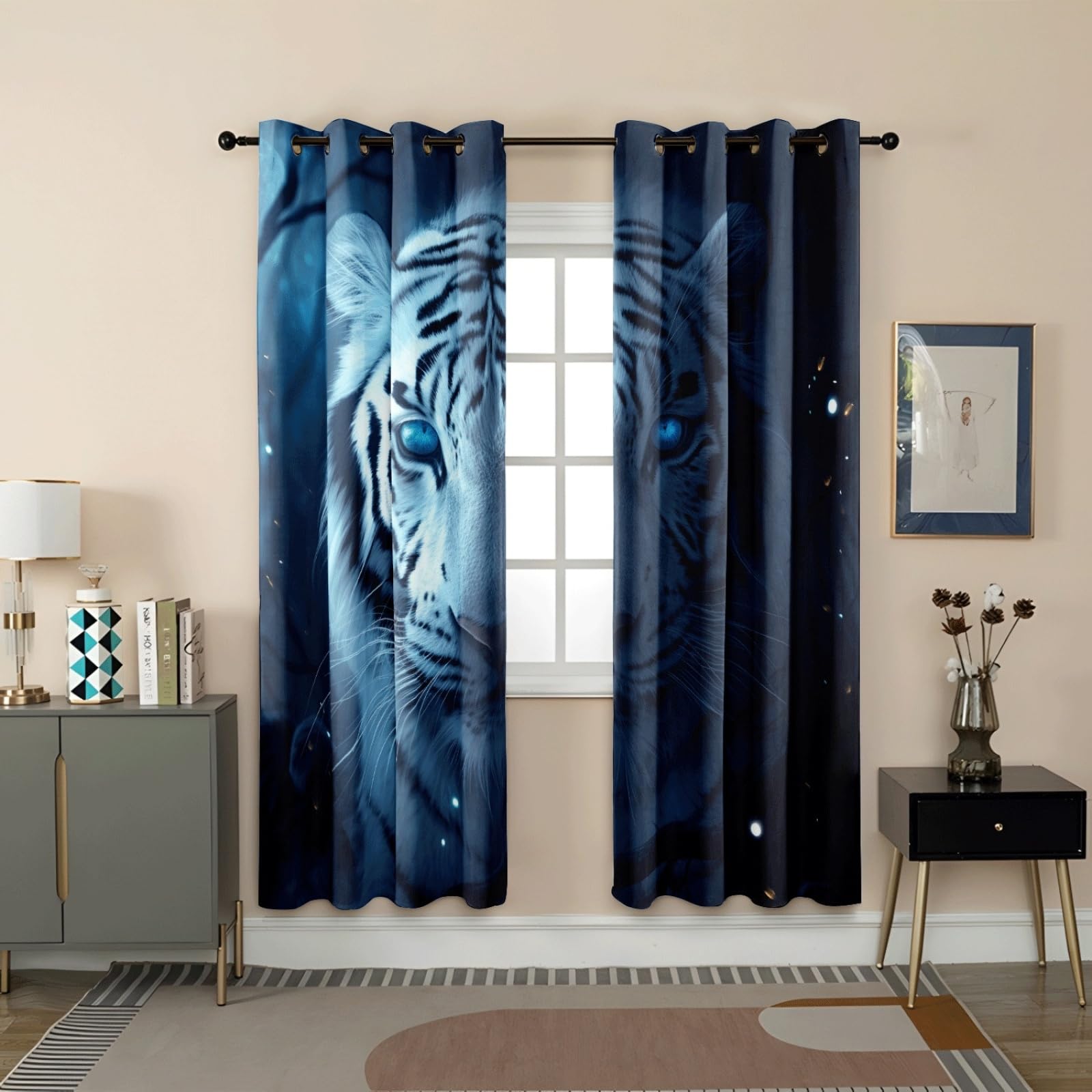 Curtain Weiß Blau Schwarz Gardinen Polyester Vorhang mit Ösen Blackout Curtain Waschbar Vorhänge mit Ösen Living Room Thermovorhang Schlafzimmer Verdunklungsvorhänge Blickdicht 2x85x200cm