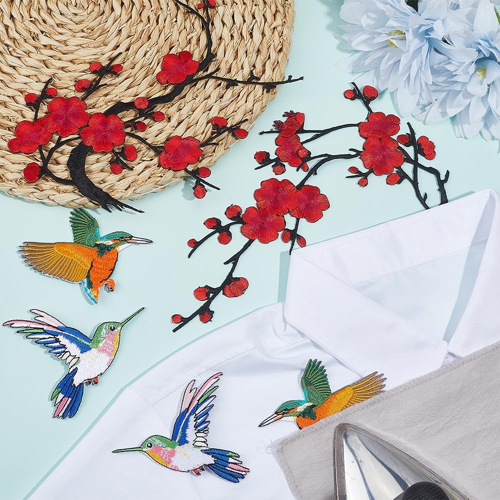 PH PandaHall 6 Styles Flower Bird Iron on Patches 6pcs Red Plum Blossom and Hummingbird Embroidered Patches Chinese Style Applique for Women Clothes Jeans Jacket Dress Bag DIY Sewing Craft Decoration