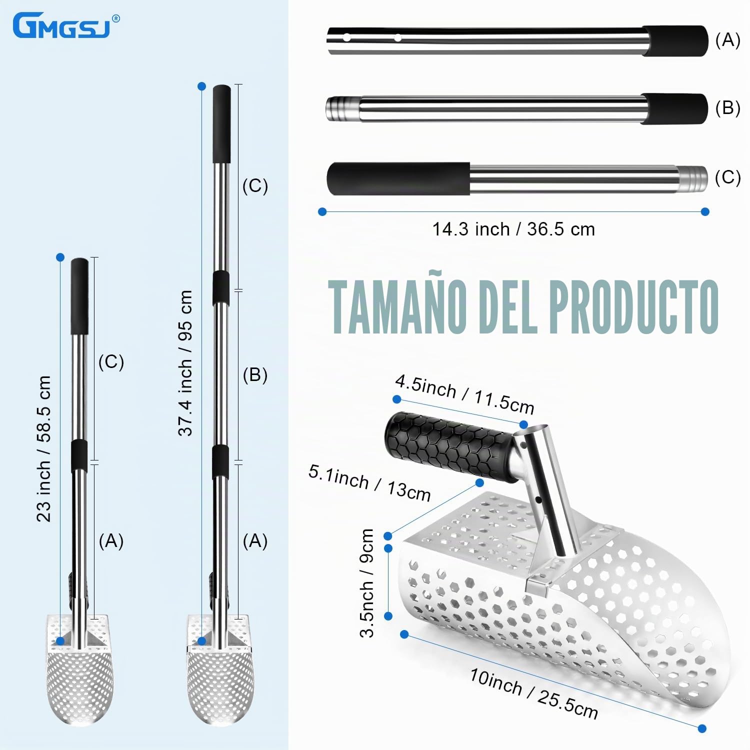 Pala de Arena de Playa, Herramienta de detección de Metales con Mango Antideslizante para la detección rápida de Metales en el Agua y en la Playa, con Tres Extensiones de Acero Inoxidable