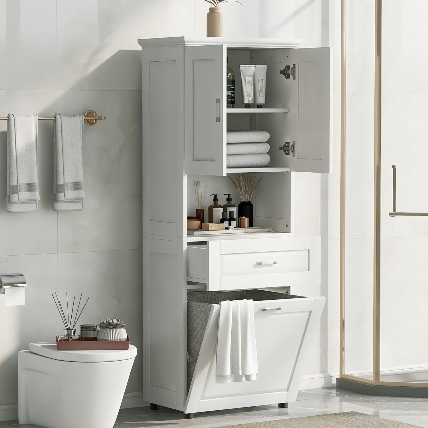 Linique 69.25" H Tall Bathroom Cabinet with Large Tilt-Out Laundry Hamper Basket and Upper Storage Cabinet, Two Doors,Adjustable Shelf and Drawer,Anti-Toppling Device, MDF Painted Finish, White