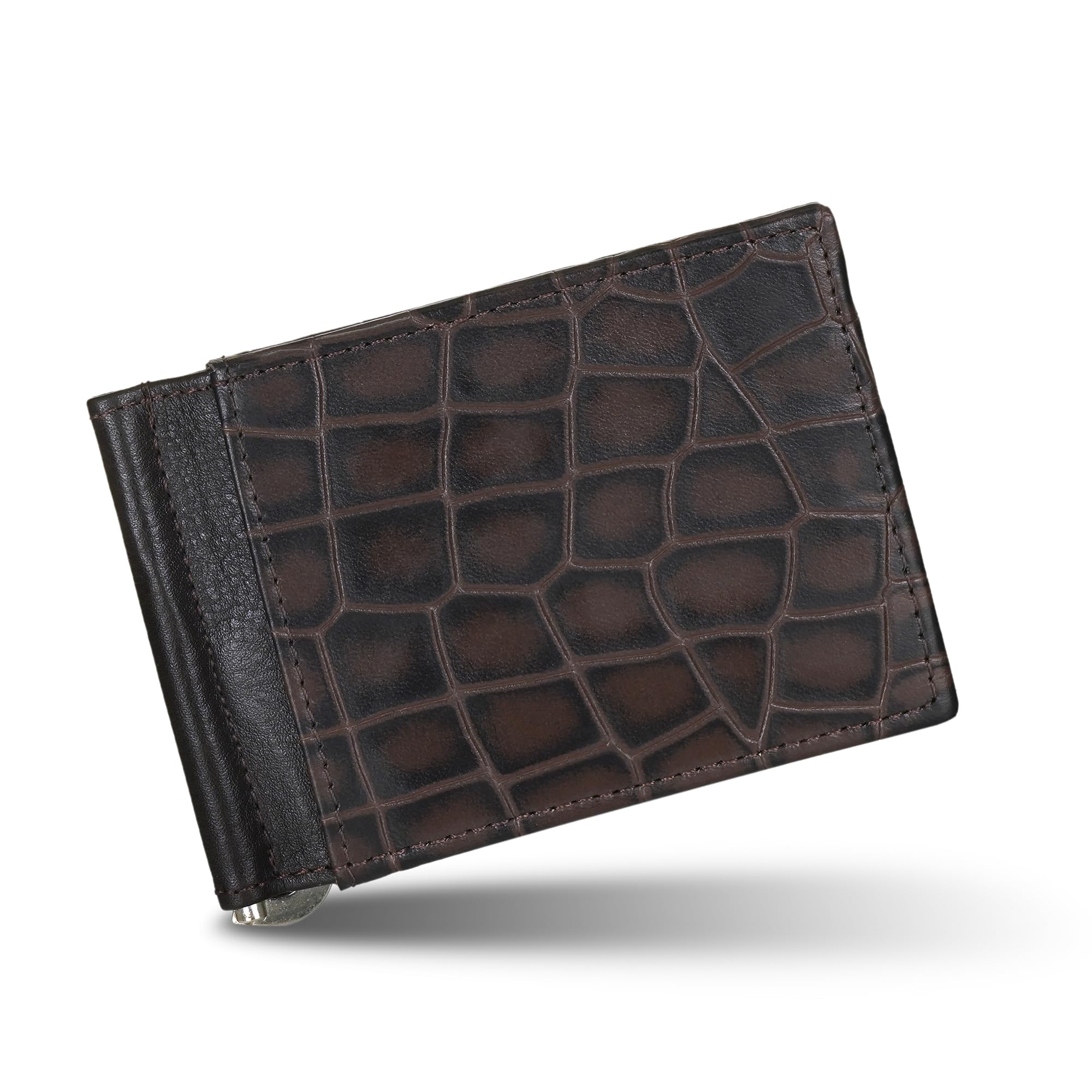 Gilmore Oak Gator Men Bifold Spring Tension Money Clip Wallet | Magnet Closure Full Grain Croco Leather with 10 Credit Card Slots Brown-image-48