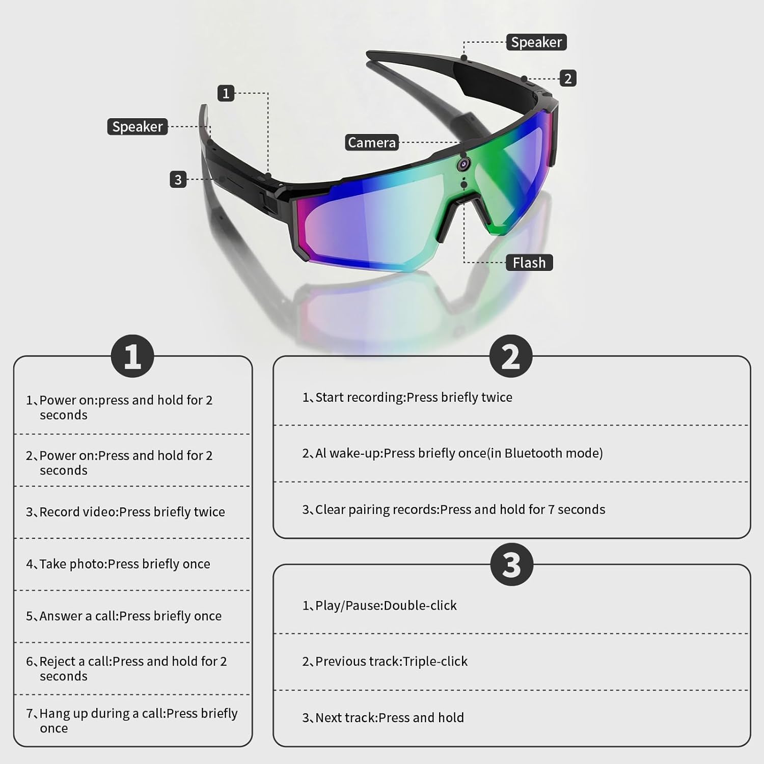 AI Smart Sport Sunglasses with HD 8MP Camera,1200P Video Recording,AI Assistant (ChatGPT) & Real-Time Translation,Voice Control,Bluetooth 5.3 & WiFi - for Cycling,Golf,Running & Driving(V06-1)