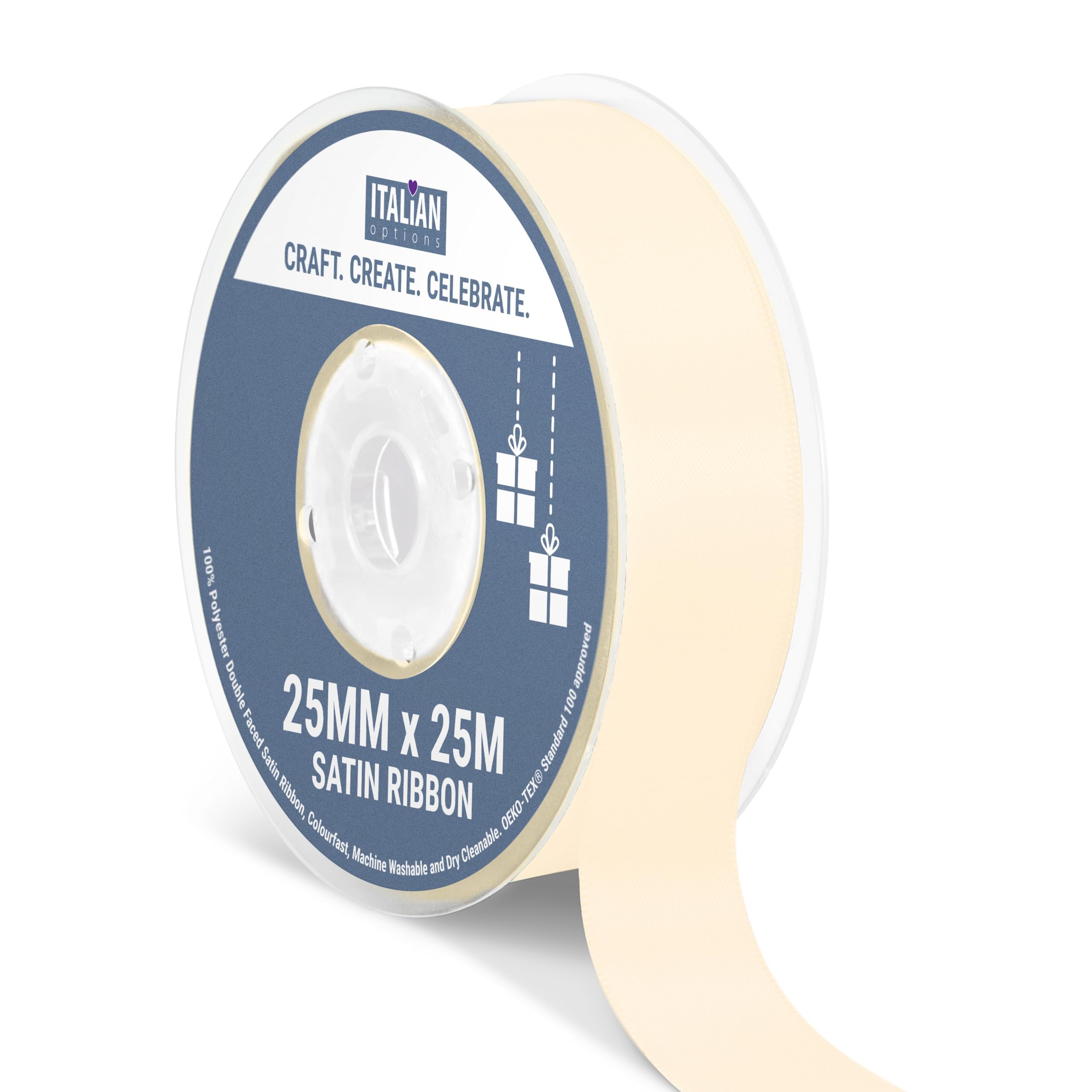 Italian Options Satin Ribbon, Fabric Ribbons for Gift Wrapping, Crafting, Balloons, Wedding Car, Presents, Cake, Christmas, Birthday, Gift Wrap Accessories, 25mm Wide x 25 Metre Roll, Cream