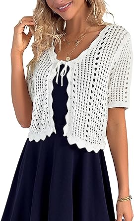 トップス sheer short cardigan cup in knit cami Kate Kasin Women's Elegant Short Sleeve Lace Shrug Hollow