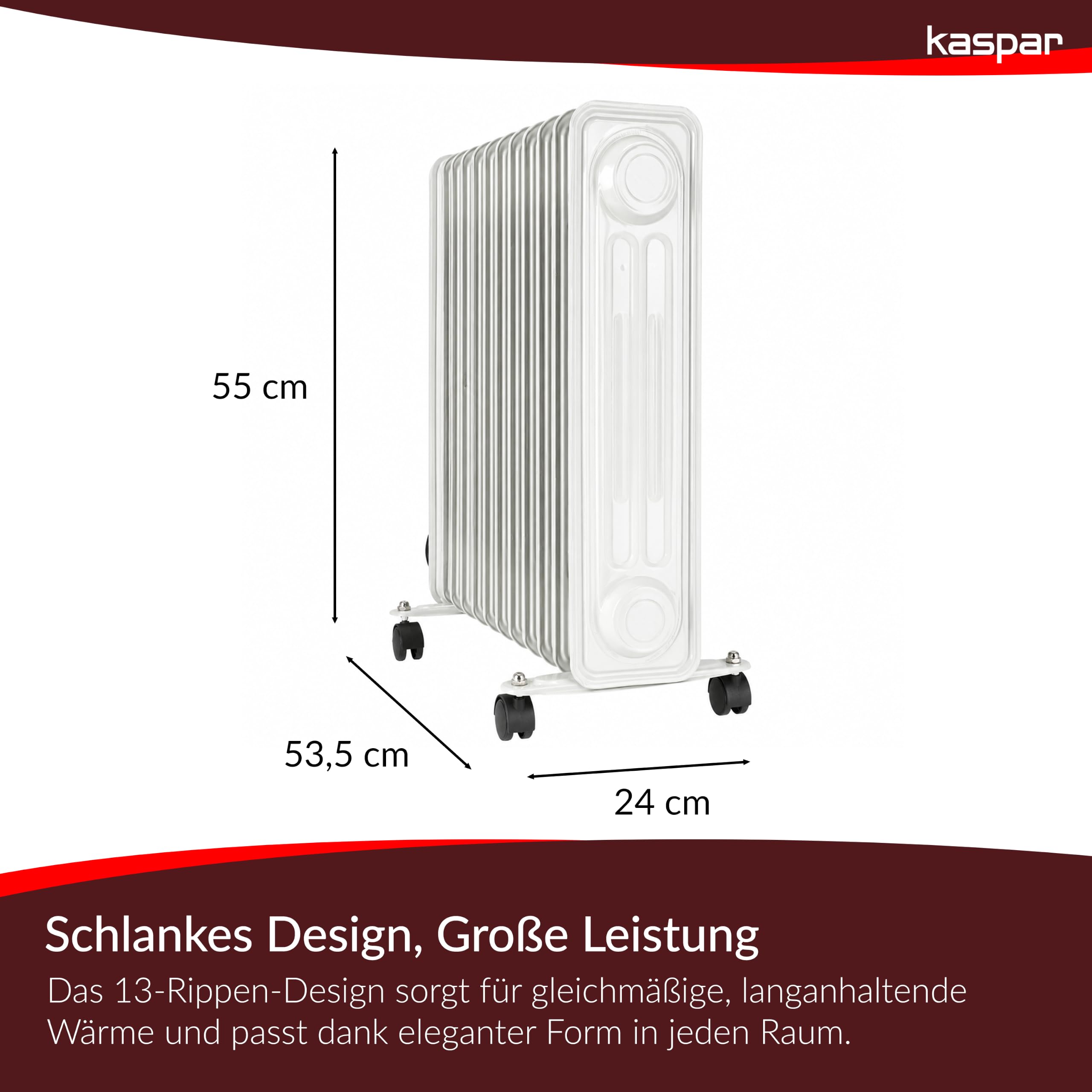 Kaspar Heizkörper elektrisch, 2500 W, 13 Rippen, Rollen, Grau