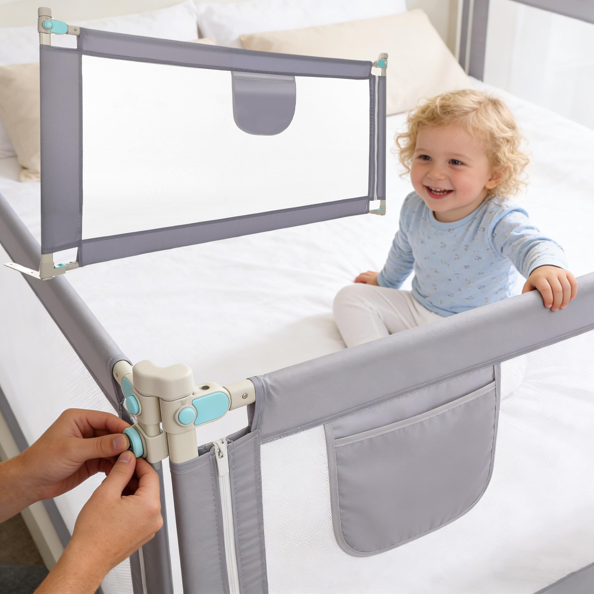 Oyajia Rausfallschutz – Bettschutzgitter 150 cm Dunkelgrau – Bettgitter höhenverstellbar 69-98 cm – Bettumrandung inkl. Seitentasche Schutzgitter Boxspringbett