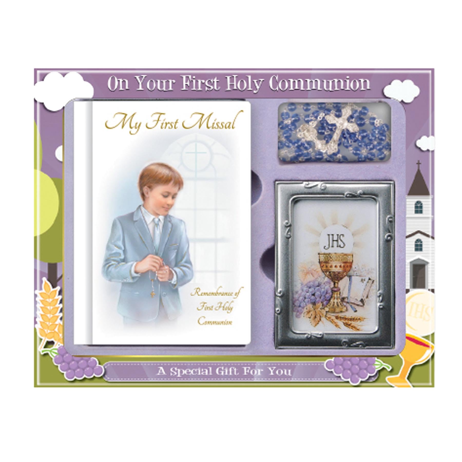 First Holy Communion 3 piece Gift Set (Boy Missal Book, Rosary and Photo Frame 8310)