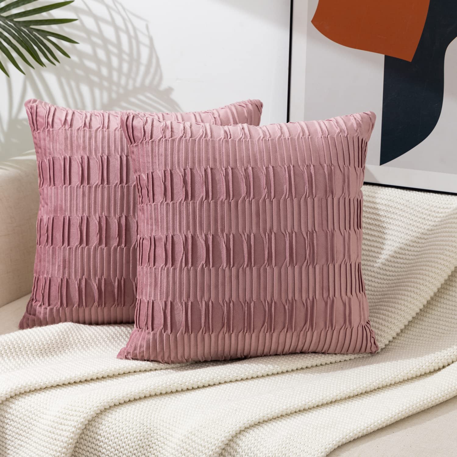ETASOP Throw Pillow Cases, Set of 2 Striped Cushion Cases Velvet Pillow Covers for Farmhouse Home Decor (Pink, 22x22 Inch)