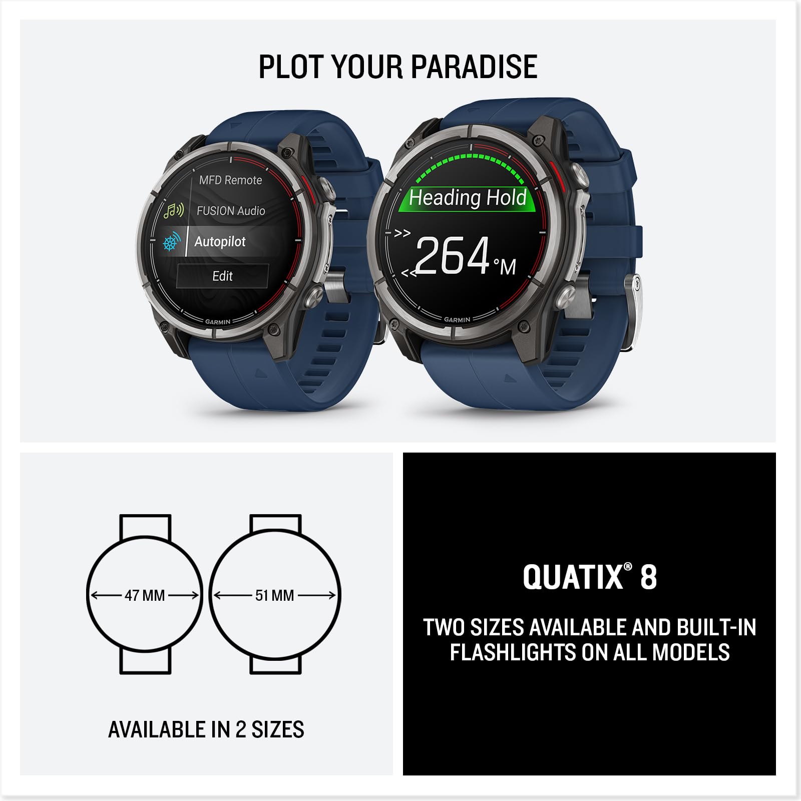 Garmin® quatix® 8, 47 mm, Smartwatch GPS marino, display AMOLED luminoso, controlli chartplotter, torcia integrata, funzionalità di salute e benessere 24/7