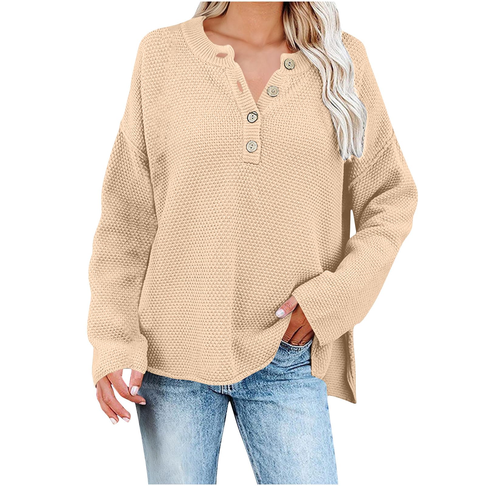 Womens Oversized Sweaters Batwing Long Sleeve Loose V Neck Pullovers Button Henley Tops Pullover Knit Jumper Knitwear