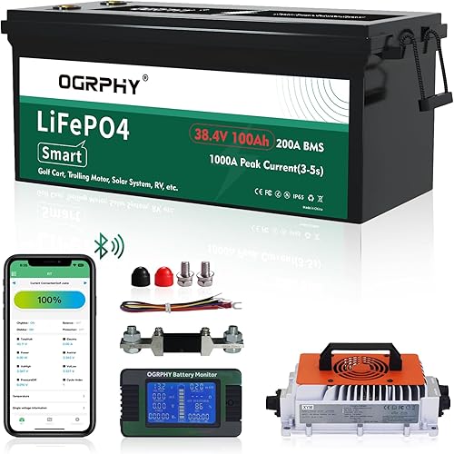 36V Lithium Battery, 3.84KWh Golf Cart Batteries with 200A BMS, 25A Lifepo4 Battery with Charger, 1000A Peak Current Perfect for Golf Cart, Solar, Trolling Motor(100AH)