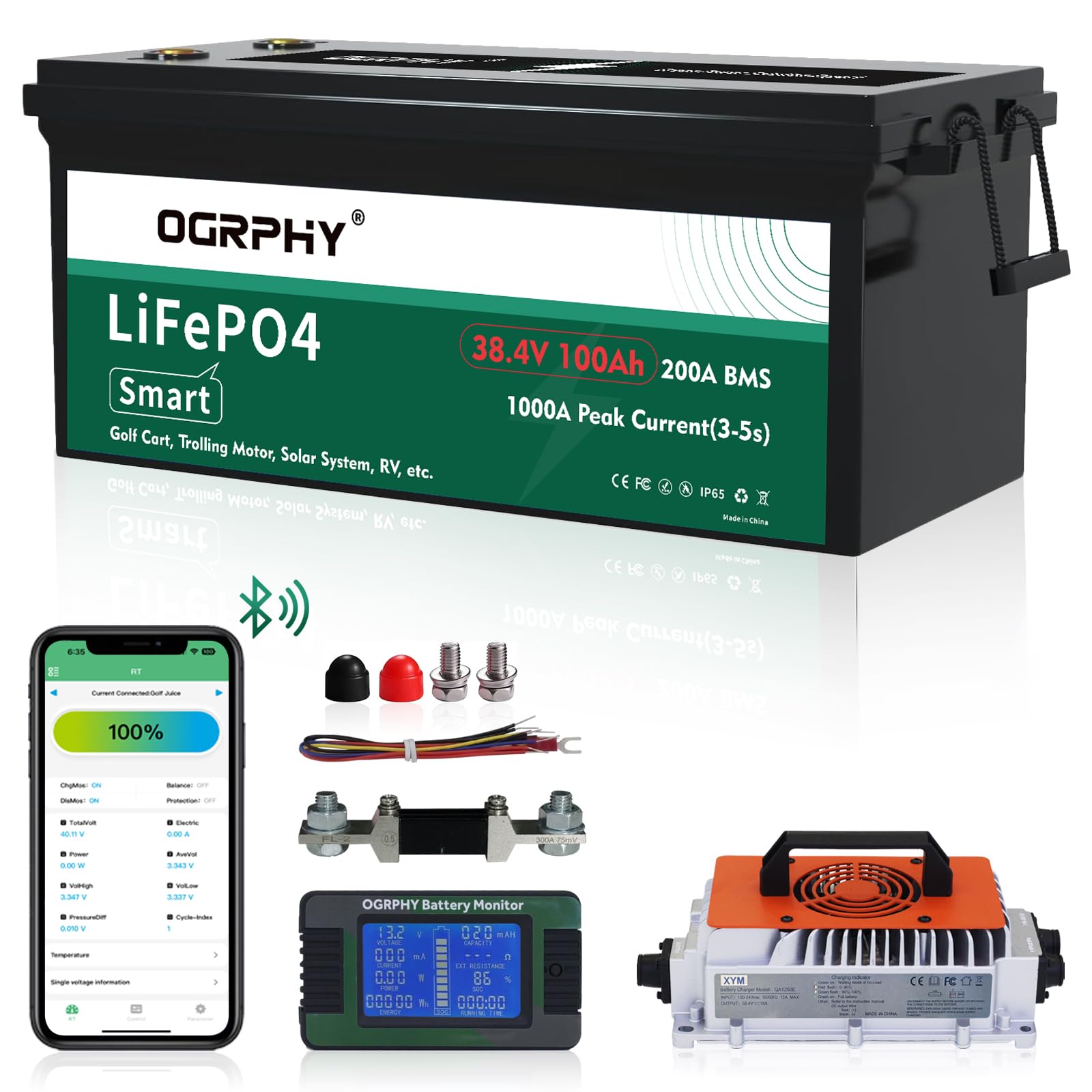 OGRPHY 36V Lithium Battery, 3.84KWh Golf Cart Batteries with 200A BMS, 25A Lifepo4 Battery with Charger, 1000A Peak Current Perfect for Golf Cart, Solar, Trolling Motor(100AH)