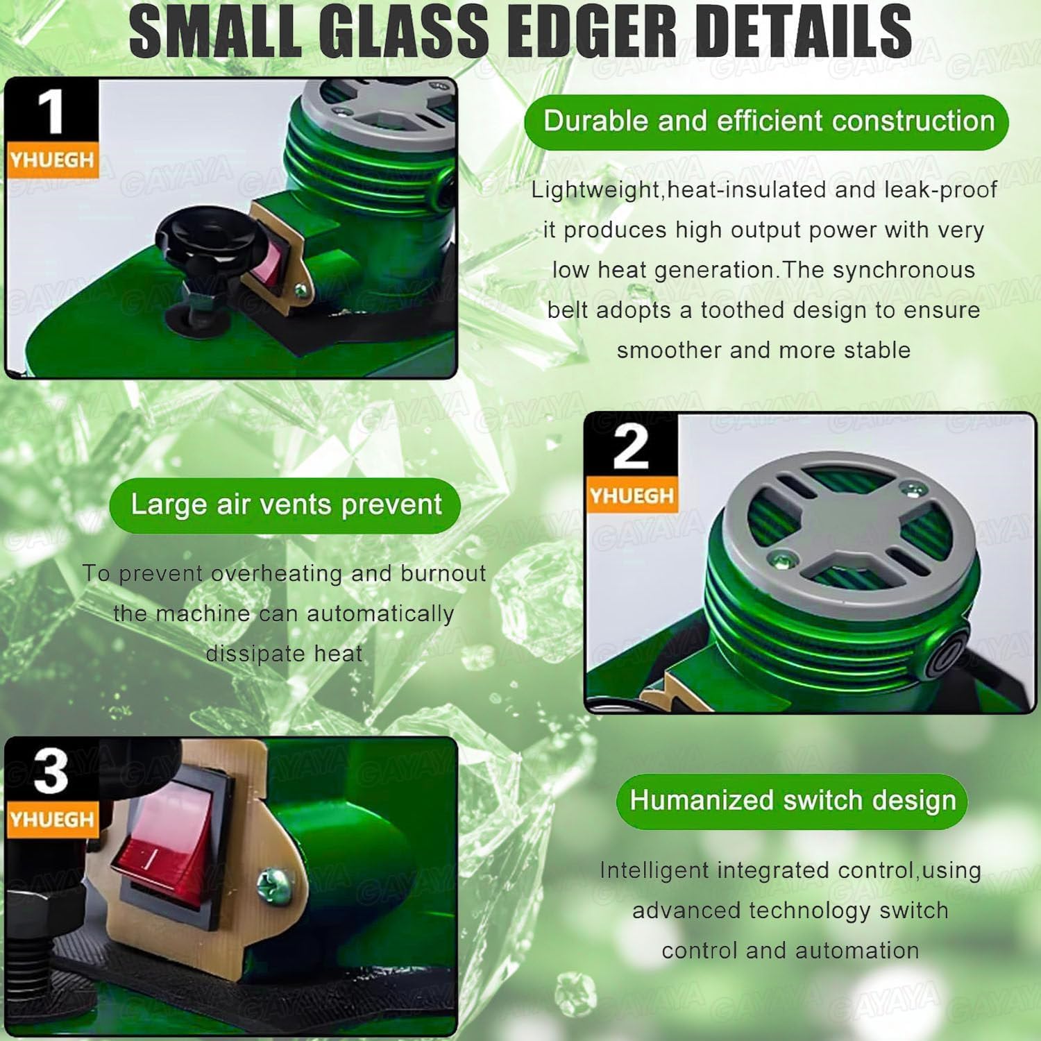 Electric Portable Glass Edger, w/8 Diamond Wheels & 2 Polishing Wheels, 8000r/Min, Straight Round Bevel Edge Trimmer, for Straight Round Bevel Edge Green