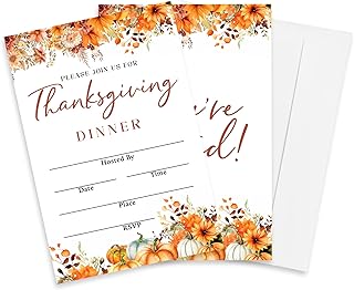 Thanksgiving Dinner Invitations, 20 PCs Autumn Leaves Pumpkin Invite Cards With Envelopes For Boy Girls, Rustic Harvest Family Party Supplies And & Decorations - A06