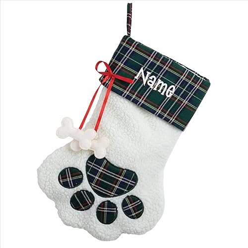Vista 13 de Personalized Planet Calcetín de Navidad con nombre de mascota bordado personalizado, sherpa sintético blanco con puño a cuadros rojos y detalles