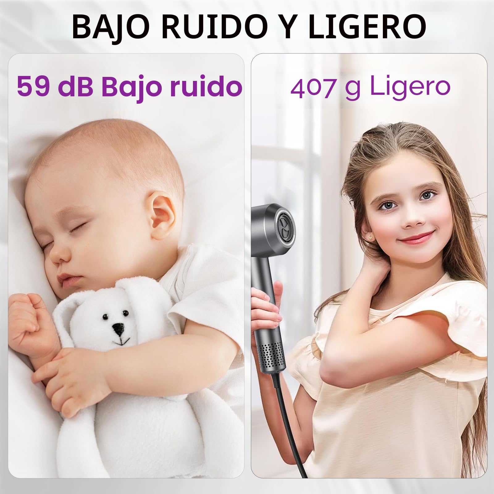 Secador de Pelo, Secador Pelo Profesional Iónico Portátil 160000 RPM, Secado Rápido, 500M Iones, Control de Temperatura, Con Difusor Magnético y Boquilla, 4 Niveles de Temperatura y 3 Velocidades