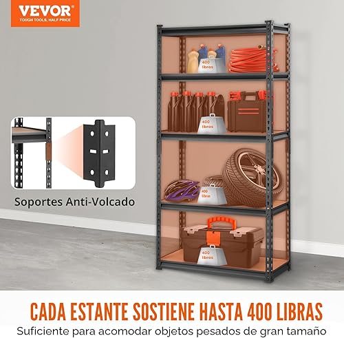 Miniatura 4 de VEVOR Estantería de almacenamiento, 5 niveles ajustables, capacidad de 2000 libras, estantes de garaje de servicio pesado organizador de metal rack