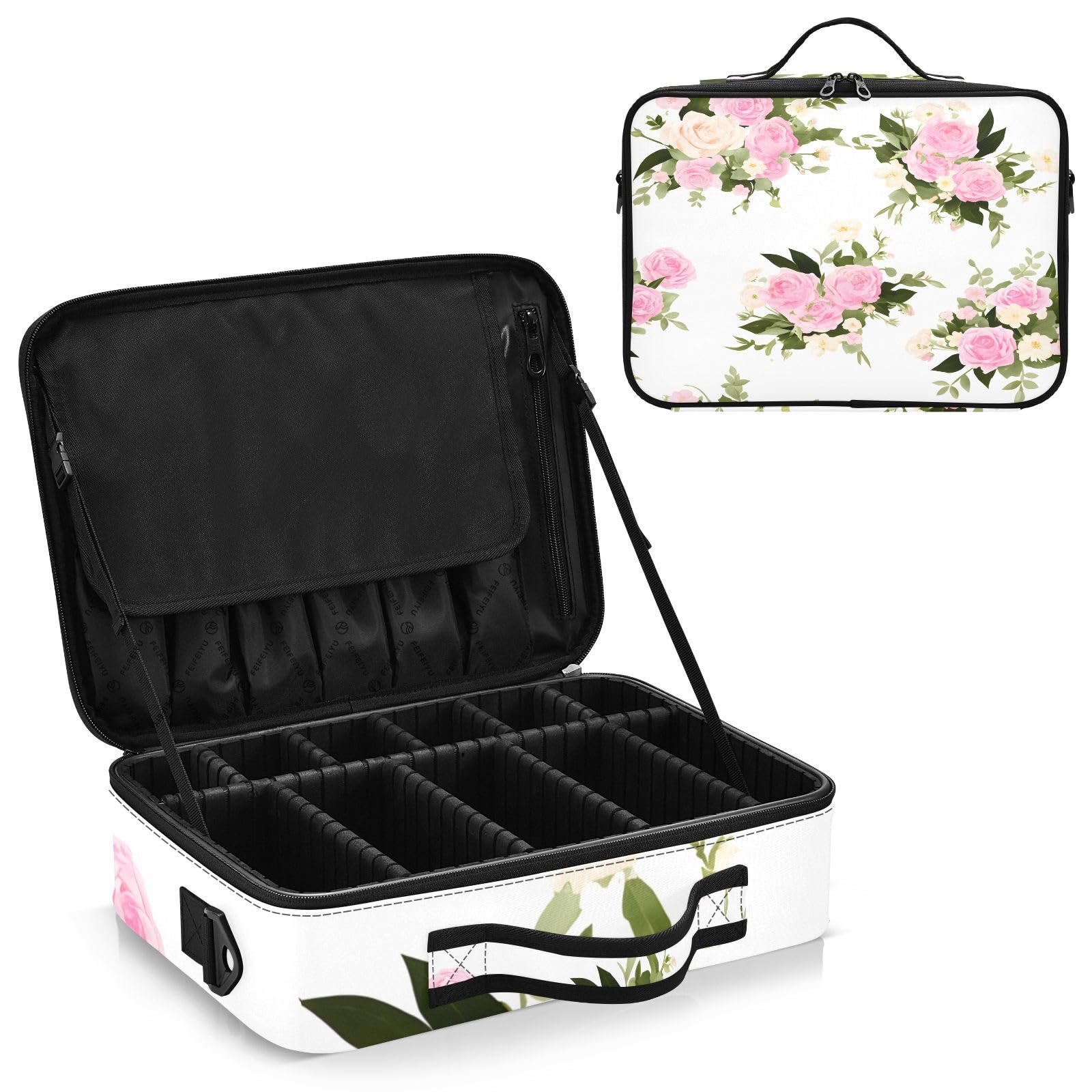 zyrtty Travel Makeup Train Case Flower Pink White Green Pattern Cosmetic Organizer Portable Storage Bag with Adjustable Dividers for Cosmetics Brushes Toiletry Jewelry Digital Accessories