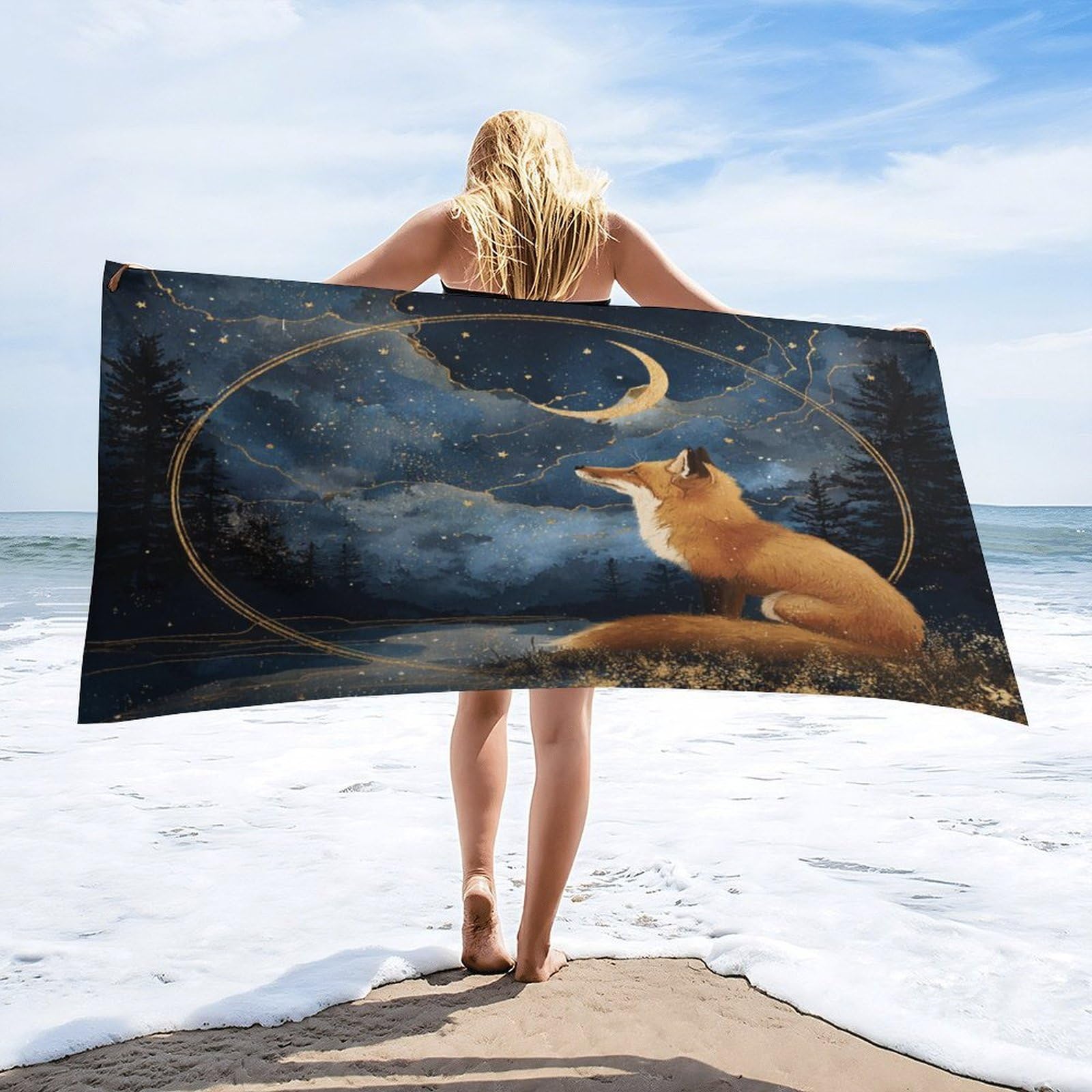 Luyysky Classic Abstract Elegant Fox Absorbent Beach Towel, Retro Oil Painting Starry Sky Galaxy Pine Forest Animal Fox Outdoor Single-Sided Velvet Beach Towel-80 W Cm X 160" L Cm