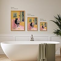 Vista 6 de Cyebmo Funny Bathroom Wall Art, Cute Black Cat Sitting on Toilet Reading Newspaper Wall Decor, Whimsical Pink Abstract Animal Canvas Artwork for